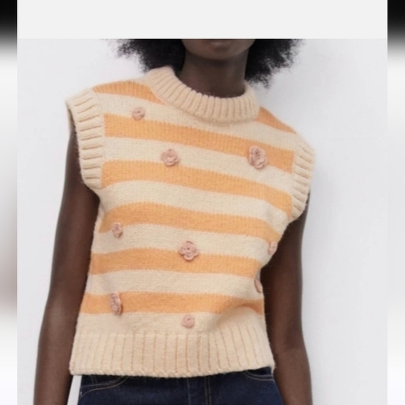 Zara Women's Crochet Orange and Cream Striped Sweater Vest - Picture 1 of 7